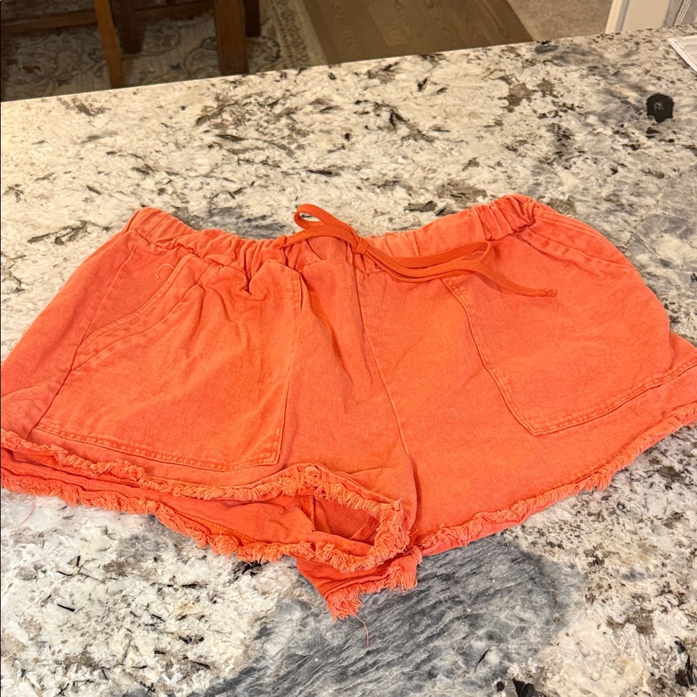 SHEIN Orange Frayed Hem Jean Shorts with Drawstring